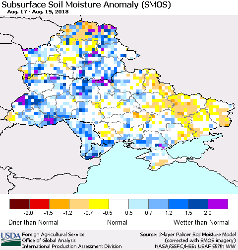 Ukraine, Moldova and Belarus Subsurface Soil Moisture Anomaly (SMOS) Thematic Map For 8/13/2018 - 8/19/2018