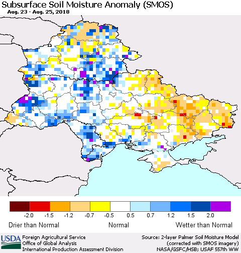 Ukraine, Moldova and Belarus Subsurface Soil Moisture Anomaly (SMOS) Thematic Map For 8/20/2018 - 8/26/2018