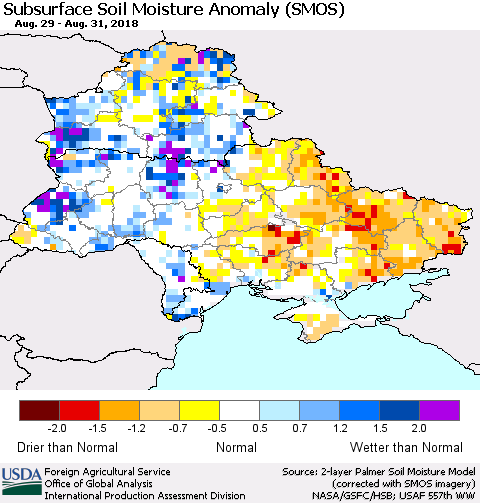 Ukraine, Moldova and Belarus Subsurface Soil Moisture Anomaly (SMOS) Thematic Map For 8/27/2018 - 9/2/2018