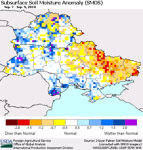 Ukraine, Moldova and Belarus Subsurface Soil Moisture Anomaly (SMOS) Thematic Map For 9/3/2018 - 9/9/2018