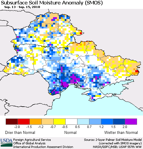 Ukraine, Moldova and Belarus Subsurface Soil Moisture Anomaly (SMOS) Thematic Map For 9/10/2018 - 9/16/2018
