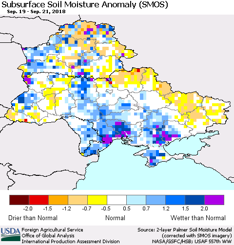 Ukraine, Moldova and Belarus Subsurface Soil Moisture Anomaly (SMOS) Thematic Map For 9/17/2018 - 9/23/2018