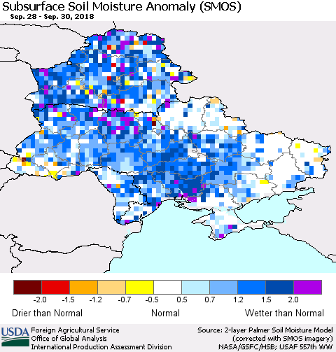 Ukraine, Moldova and Belarus Subsurface Soil Moisture Anomaly (SMOS) Thematic Map For 9/24/2018 - 9/30/2018