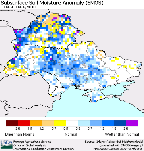 Ukraine, Moldova and Belarus Subsurface Soil Moisture Anomaly (SMOS) Thematic Map For 10/1/2018 - 10/7/2018