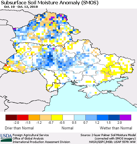 Ukraine, Moldova and Belarus Subsurface Soil Moisture Anomaly (SMOS) Thematic Map For 10/8/2018 - 10/14/2018