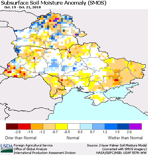 Ukraine, Moldova and Belarus Subsurface Soil Moisture Anomaly (SMOS) Thematic Map For 10/15/2018 - 10/21/2018
