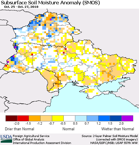 Ukraine, Moldova and Belarus Subsurface Soil Moisture Anomaly (SMOS) Thematic Map For 10/22/2018 - 10/28/2018