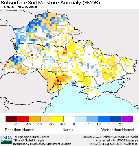 Ukraine, Moldova and Belarus Subsurface Soil Moisture Anomaly (SMOS) Thematic Map For 10/29/2018 - 11/4/2018