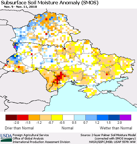 Ukraine, Moldova and Belarus Subsurface Soil Moisture Anomaly (SMOS) Thematic Map For 11/5/2018 - 11/11/2018