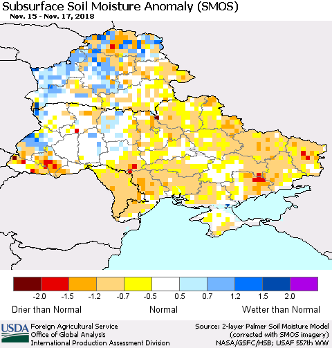 Ukraine, Moldova and Belarus Subsurface Soil Moisture Anomaly (SMOS) Thematic Map For 11/12/2018 - 11/18/2018