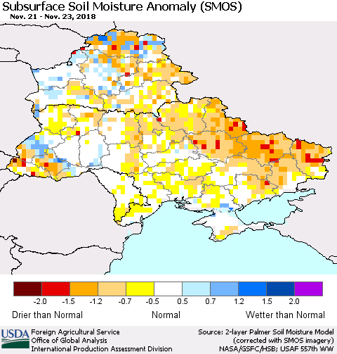Ukraine, Moldova and Belarus Subsurface Soil Moisture Anomaly (SMOS) Thematic Map For 11/19/2018 - 11/25/2018