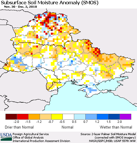 Ukraine, Moldova and Belarus Subsurface Soil Moisture Anomaly (SMOS) Thematic Map For 11/26/2018 - 12/2/2018