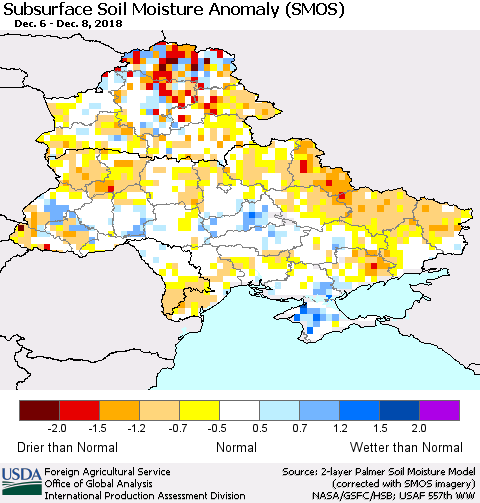 Ukraine, Moldova and Belarus Subsurface Soil Moisture Anomaly (SMOS) Thematic Map For 12/3/2018 - 12/9/2018