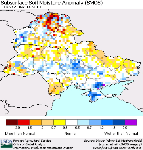 Ukraine, Moldova and Belarus Subsurface Soil Moisture Anomaly (SMOS) Thematic Map For 12/10/2018 - 12/16/2018