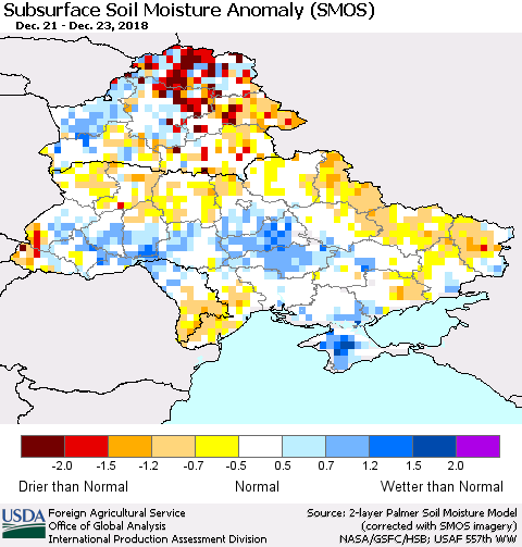 Ukraine, Moldova and Belarus Subsurface Soil Moisture Anomaly (SMOS) Thematic Map For 12/17/2018 - 12/23/2018