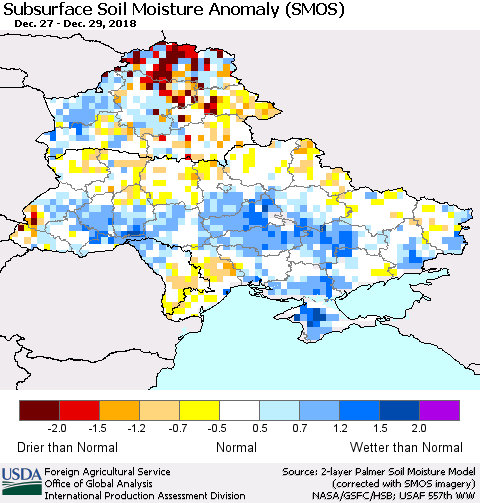 Ukraine, Moldova and Belarus Subsurface Soil Moisture Anomaly (SMOS) Thematic Map For 12/24/2018 - 12/30/2018