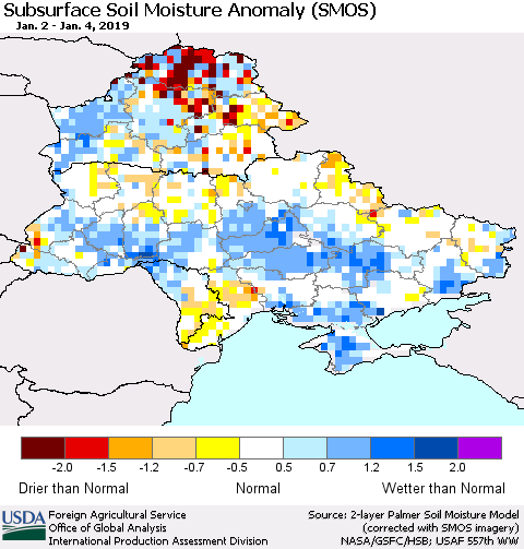 Ukraine, Moldova and Belarus Subsurface Soil Moisture Anomaly (SMOS) Thematic Map For 12/31/2018 - 1/6/2019