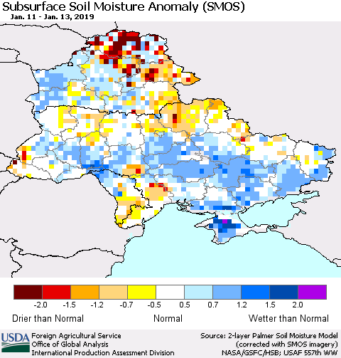 Ukraine, Moldova and Belarus Subsurface Soil Moisture Anomaly (SMOS) Thematic Map For 1/7/2019 - 1/13/2019