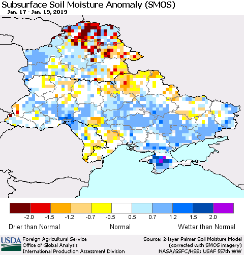 Ukraine, Moldova and Belarus Subsurface Soil Moisture Anomaly (SMOS) Thematic Map For 1/14/2019 - 1/20/2019