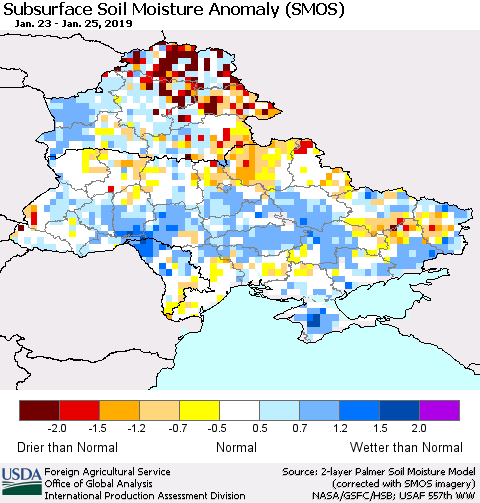 Ukraine, Moldova and Belarus Subsurface Soil Moisture Anomaly (SMOS) Thematic Map For 1/21/2019 - 1/27/2019