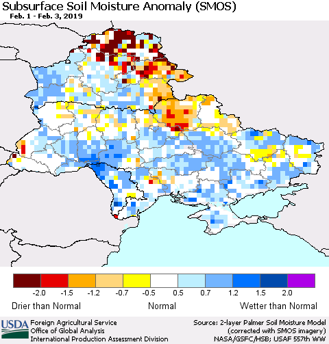 Ukraine, Moldova and Belarus Subsurface Soil Moisture Anomaly (SMOS) Thematic Map For 1/28/2019 - 2/3/2019