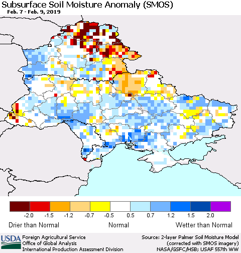 Ukraine, Moldova and Belarus Subsurface Soil Moisture Anomaly (SMOS) Thematic Map For 2/4/2019 - 2/10/2019