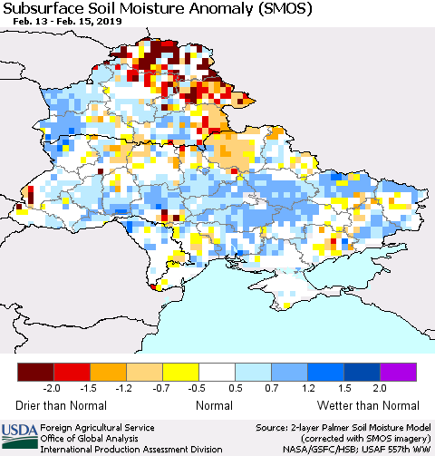 Ukraine, Moldova and Belarus Subsurface Soil Moisture Anomaly (SMOS) Thematic Map For 2/11/2019 - 2/17/2019