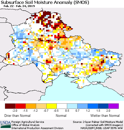 Ukraine, Moldova and Belarus Subsurface Soil Moisture Anomaly (SMOS) Thematic Map For 2/18/2019 - 2/24/2019