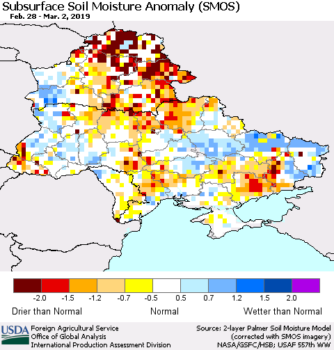 Ukraine, Moldova and Belarus Subsurface Soil Moisture Anomaly (SMOS) Thematic Map For 2/25/2019 - 3/3/2019