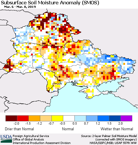 Ukraine, Moldova and Belarus Subsurface Soil Moisture Anomaly (SMOS) Thematic Map For 3/4/2019 - 3/10/2019