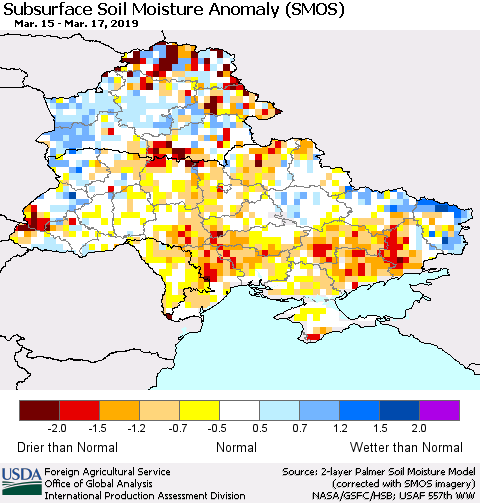 Ukraine, Moldova and Belarus Subsurface Soil Moisture Anomaly (SMOS) Thematic Map For 3/11/2019 - 3/17/2019