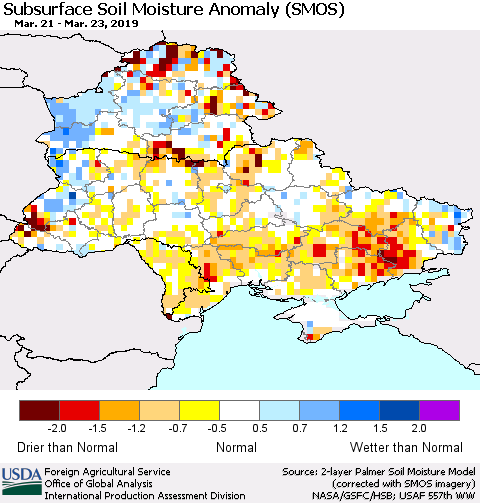 Ukraine, Moldova and Belarus Subsurface Soil Moisture Anomaly (SMOS) Thematic Map For 3/18/2019 - 3/24/2019