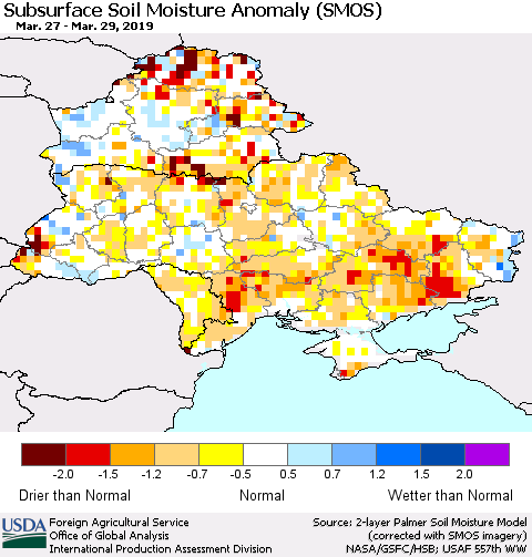 Ukraine, Moldova and Belarus Subsurface Soil Moisture Anomaly (SMOS) Thematic Map For 3/25/2019 - 3/31/2019