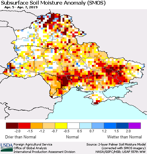 Ukraine, Moldova and Belarus Subsurface Soil Moisture Anomaly (SMOS) Thematic Map For 4/1/2019 - 4/7/2019