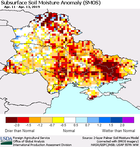 Ukraine, Moldova and Belarus Subsurface Soil Moisture Anomaly (SMOS) Thematic Map For 4/8/2019 - 4/14/2019