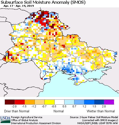Ukraine, Moldova and Belarus Subsurface Soil Moisture Anomaly (SMOS) Thematic Map For 4/15/2019 - 4/21/2019