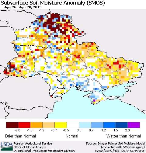 Ukraine, Moldova and Belarus Subsurface Soil Moisture Anomaly (SMOS) Thematic Map For 4/22/2019 - 4/28/2019