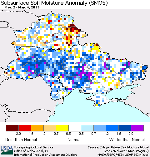 Ukraine, Moldova and Belarus Subsurface Soil Moisture Anomaly (SMOS) Thematic Map For 4/29/2019 - 5/5/2019