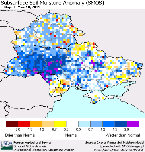 Ukraine, Moldova and Belarus Subsurface Soil Moisture Anomaly (SMOS) Thematic Map For 5/6/2019 - 5/12/2019