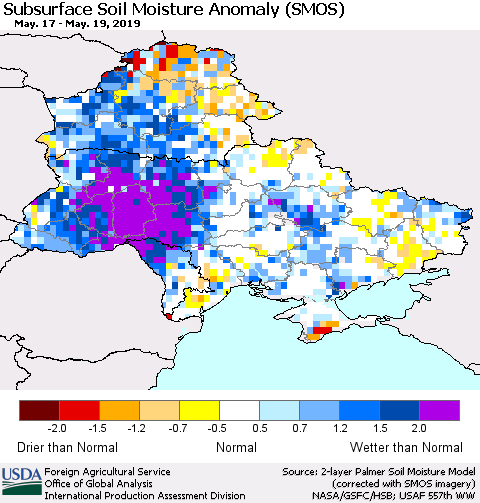 Ukraine, Moldova and Belarus Subsurface Soil Moisture Anomaly (SMOS) Thematic Map For 5/13/2019 - 5/19/2019