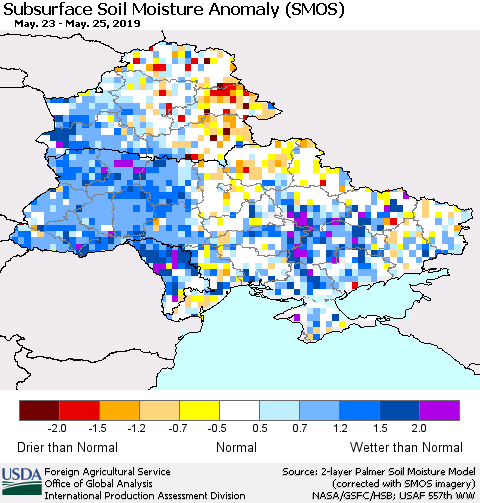 Ukraine, Moldova and Belarus Subsurface Soil Moisture Anomaly (SMOS) Thematic Map For 5/20/2019 - 5/26/2019
