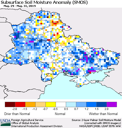 Ukraine, Moldova and Belarus Subsurface Soil Moisture Anomaly (SMOS) Thematic Map For 5/27/2019 - 6/2/2019