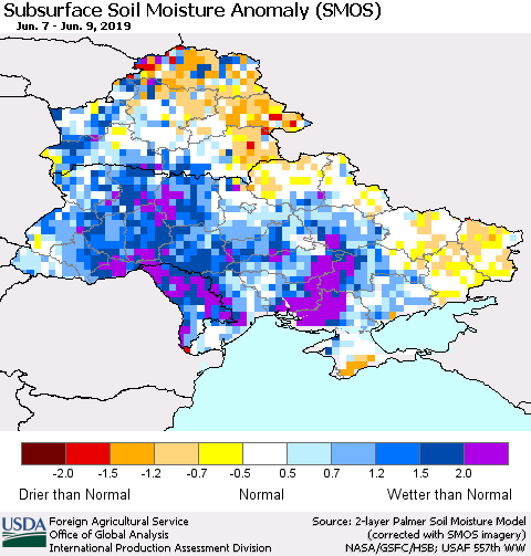 Ukraine, Moldova and Belarus Subsurface Soil Moisture Anomaly (SMOS) Thematic Map For 6/3/2019 - 6/9/2019