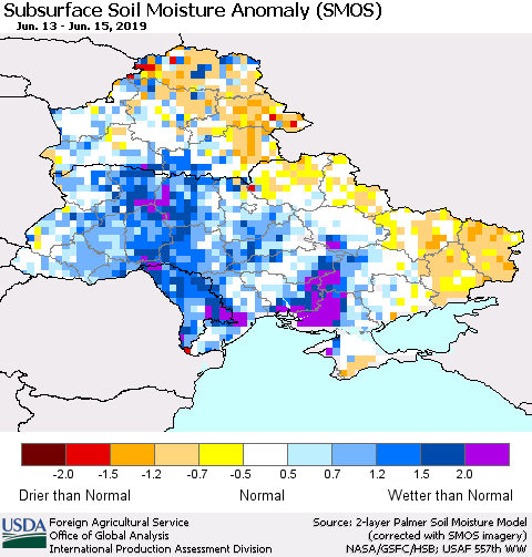 Ukraine, Moldova and Belarus Subsurface Soil Moisture Anomaly (SMOS) Thematic Map For 6/10/2019 - 6/16/2019