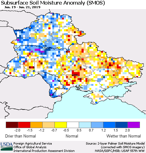 Ukraine, Moldova and Belarus Subsurface Soil Moisture Anomaly (SMOS) Thematic Map For 6/17/2019 - 6/23/2019