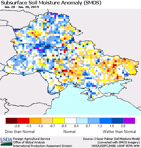 Ukraine, Moldova and Belarus Subsurface Soil Moisture Anomaly (SMOS) Thematic Map For 6/24/2019 - 6/30/2019