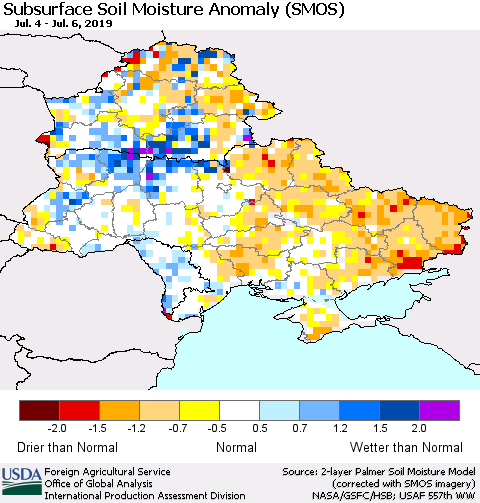 Ukraine, Moldova and Belarus Subsurface Soil Moisture Anomaly (SMOS) Thematic Map For 7/1/2019 - 7/7/2019