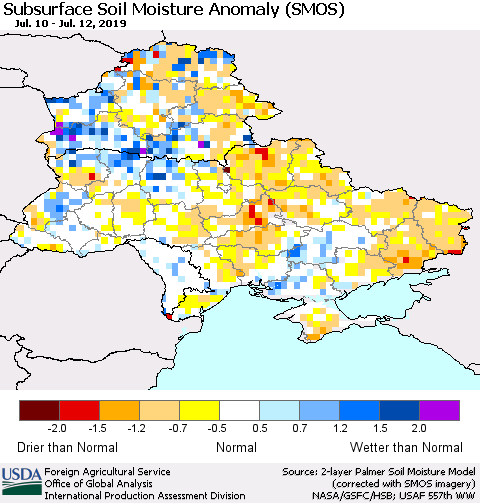 Ukraine, Moldova and Belarus Subsurface Soil Moisture Anomaly (SMOS) Thematic Map For 7/8/2019 - 7/14/2019