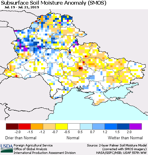 Ukraine, Moldova and Belarus Subsurface Soil Moisture Anomaly (SMOS) Thematic Map For 7/15/2019 - 7/21/2019