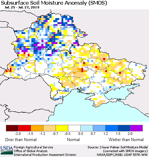 Ukraine, Moldova and Belarus Subsurface Soil Moisture Anomaly (SMOS) Thematic Map For 7/22/2019 - 7/28/2019